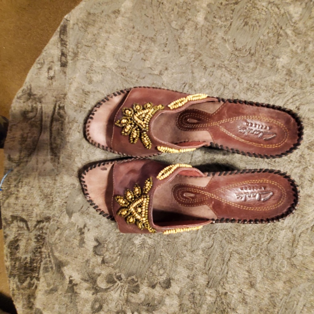Clarks Brown Sandals with Gold Beadwork